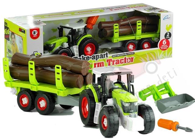 LEANTOYS detský montážny traktor s prívesom na drevom + skrutkovač, 43 cm