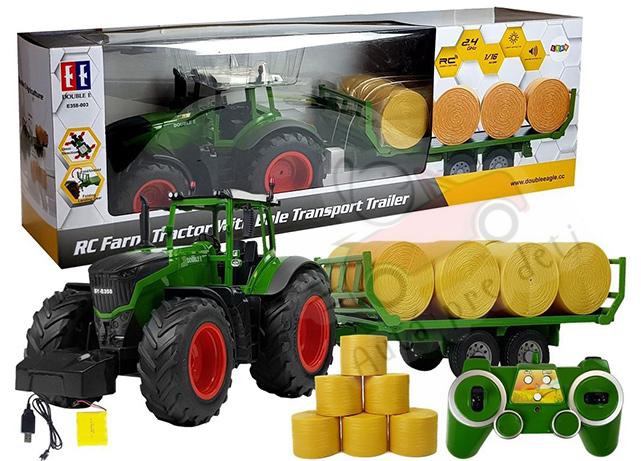 LEANTOYS Double E detský traktor s prívesom a balíkmi R/C, 1:16, 80cm