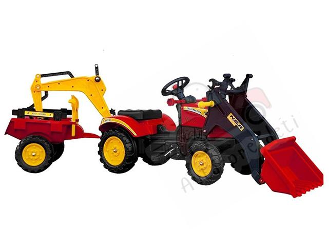 Megacar šľapací traktor s radlicou, lyžicou a vlečkou BENSON červený