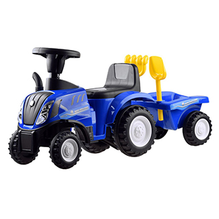 Odrážadlo Megacar Traktor s vlečkou New Holland + lopatka s hrabličkami, modrý