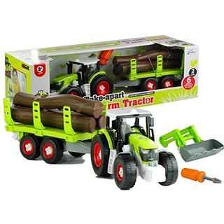 LEANTOYS detský montážny traktor s prívesom na drevom + skrutkovač, 43 cm
