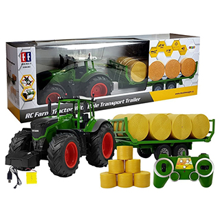 LEANTOYS Double E detský traktor s prívesom a balíkmi R/C, 1:16, 80cm